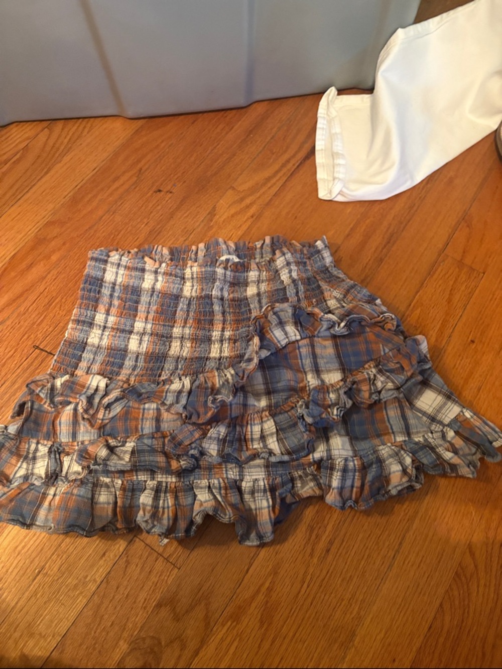 Ruffled Plaid Smocked Mini Skirt in Blue and Brown